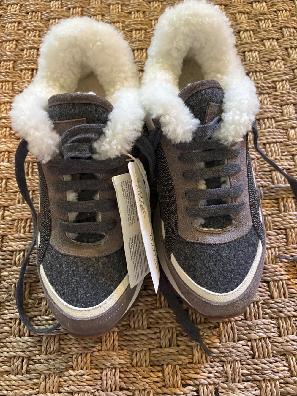 Brunello Cucinelli Kids Gray and Brown Shearling-Lined Sneakers